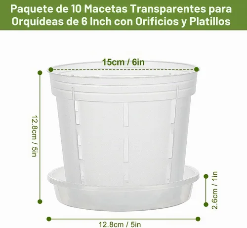 Vista 2 de Maceta de orquídeas, paquete de 10 macetas transparentes de 6 pulgadas