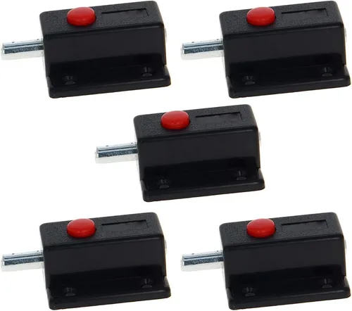 Vista 9 de MroMax Pestillo de perno de puerta con resorte, cierre deslizante de plástico ABS negro con botón de interruptor para puerta, gabinete, accesorios
