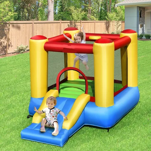 Vista 2 de OLAKIDS Castillo inflable para rebotar, castillo de salto con tobogán, área de rebote, malla de poliéster, borde de baloncesto, casa hinchable