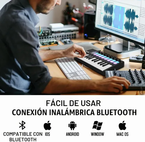 Vista 4 de M-VAVE Controlador de teclado USB MIDI de 25 teclas con 16 almohadillas de batería retroiluminadas, Bluetooth, teclado dinámico semi-pesado 16