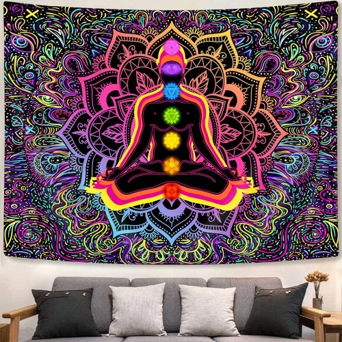 Vista 2 de JAWO Tapiz hippie de siete chakras, tapiz hippie para yoga, meditación, tapiz bohemio con mandala para sala de yoga, dormitorio, sala de estar