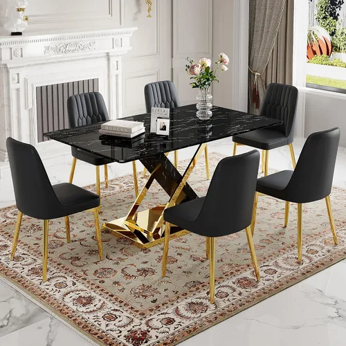 Vista 15 de Juego de mesa de comedor de mármol para mesa rectangular blanca de 6.63 pulgadas con marco de metal plateado en forma de X y 6 sillas de comedor