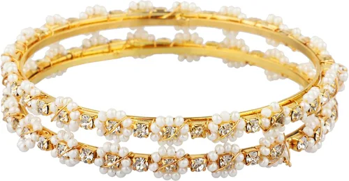 Vista 7 de Efulgenz Brazaletes indios para mujer, estilo indio, Bollywood, tradicional piedra de perlas sintéticas, juego de pulseras de boda (oro