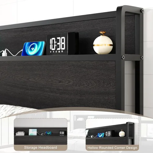 Vista 5 de AMERLIFE Marco de Cama de Almacenamiento Elevable Tamaño Completo, Marco de Cama de Plataforma de Madera con Almacenamiento Elevable y Estación