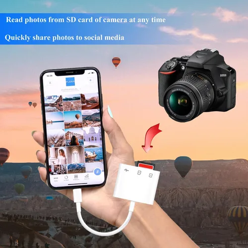 Vista 3 de Lector de tarjetas SD USB C para iPhone 17/16/15, Android, adaptador de cámara digital 3 en 1 iPhone, adaptador de tarjeta SD para más dispositivos