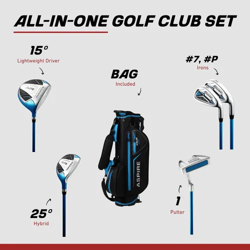 Vista 2 de Aspire X-Lite Super Performance Junior Golf Club Set - Right-Handed Kids Golf Set with Driver, Hybrid, 7 Iron, Putter, Stand Bag & Headcovers