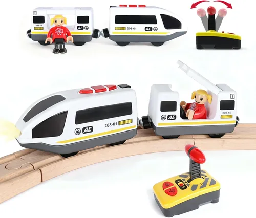 Vista 11 de Tren a pilas para pista de madera, potente locomotora con motor de control remoto, juguete de tren con luz y sonidos, regalo para niños pequeños