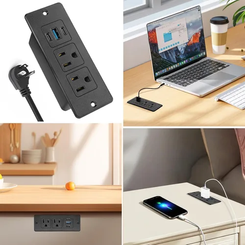 Vista 7 de Regleta de alimentación empotrable, salida de muebles USB-C de 20 W, color negro, 3 pies 2 AC + 3 USB (2 USB-C, 1 USB-A), Flush Mount