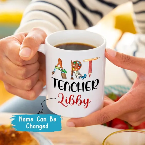 Vista 2 de Taza para profesores de arte, regalo del día del profesor, taza personalizada para profesores de arte, taza para profesores de escuela, taza