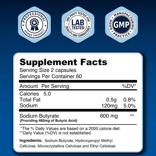 Vista 3 de Suplemento de butirato de sodio 300 mg - Cápsulas de butirato microencapsuladas - Tecnología de liberación prolongada - Apoyo a la salud intestinal