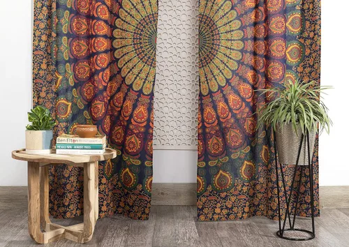 Vista 2 de Popular Handicrafts - Paneles de cortina estilo Indio Hippie Bohemio Hermosa Mandala Multicolor Azul Pavo Real