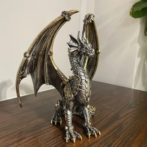 Vista 4 de Estatua de dragón steampunk gótica retro equipo mecánico sentado dragón de aspecto metálico, escultura de resina para el hogar, decoración de cuevas