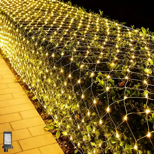 Vista 9 de LitHome - Red de luces de Navidad de 14.8 pies x 5 pies, luces de malla para exteriores conectables 8 Modes 300 LED Warm White Net Light Green