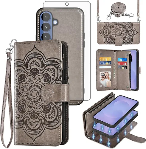 Vista 29 de Asuwish Funda de teléfono para Samsung Galaxy S26 5G con cremallera, magnética, desmontable, con protector de pantalla de vidrio templado, correa