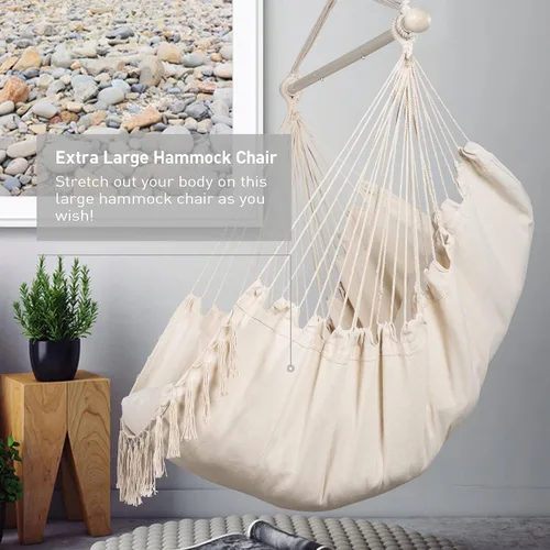 Vista 4 de SUNCREAT - Silla de hamaca para colgar con cuerda, capacidad máxima de 450 libras, columpio colgante de macramé extragrande con bolsillo lateral