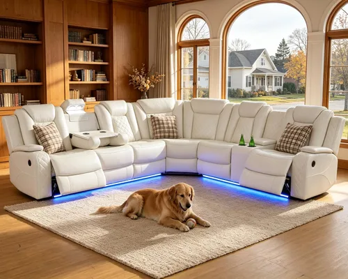 Vista 39 de Juego de sofá seccional reclinable de cuero, sofá seccional con 4 sillones reclinables Juegos de muebles de sala con 3 reclinables, luz LED