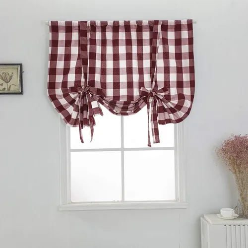 Vista 8 de Cortina de globo a cuadros de búfalo, cenefa romana, con bolsillo para barra, cortinas semiopacas para ventana pequeña, cocina de granja, 1 panel