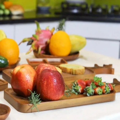 Vista 6 de VieWood Juego de 2 bandejas de madera con asa para decoración del hogar, tabla de servir de madera para frutas, cupcakes y platos decorativos