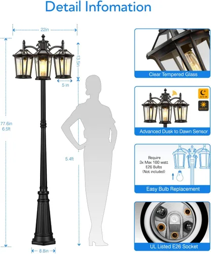 Vista 7 de VIANIS Luces de poste de lámpara para exteriores con sensor de atardecer a amanecer, accesorios de luz de poste de calle de triple cabeza, postes
