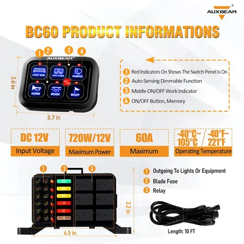 Vista 2 de Auxbeam Panel de interruptor de 6 bandas BC60, caja de sistema de relé de control de circuito universal con interruptor LED de encendido y apagado