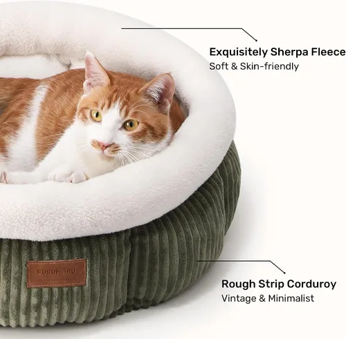Vista 3 de FUKUMARU Cama para gatos, camas redondas de pana para gatos de interior, cama lavable y esponjosa para mascotas para gatos y cachorros, camas suaves