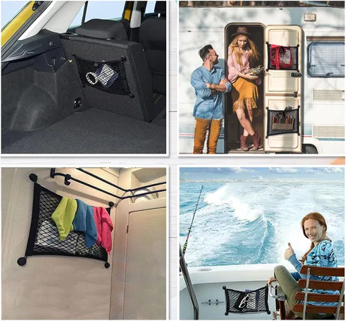 Vista 4 de Paquete de 2 redes de carga pequeñas con bolsillo de almacenamiento, red de malla elástica para automóvil, redes de carga automotrices, bolsa