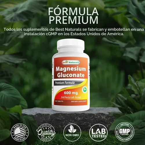 Vista 5 de Best Naturals Gluconato de magnesio (35 mg de magnesio elemental de 600 mg de gluconato de magnesio) 180 comprimidos