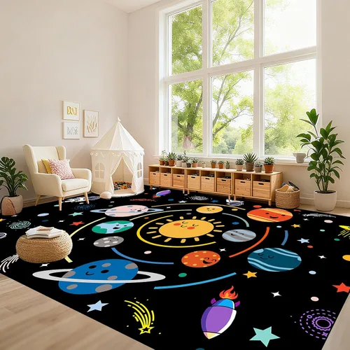Vista 22 de Alfombra espacial para habitación de niños, alfombra de galaxia para niños, alfombras espaciales para dormitorio de niños, decoración