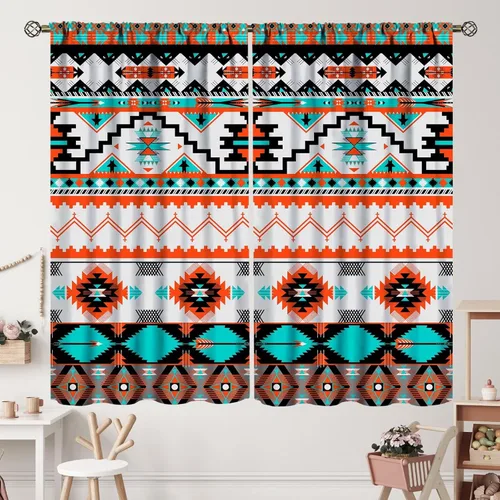 Vista 80 de Cortinas con patrón geométrico tribal, estilo suroeste, azteca, rústico, occidental, nativo americano, opacas, con bolsillo para barra, decoración