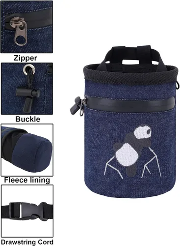 Vista 5 de AMC Bolsa de tiza bordada de panda escalada en roca con bolsillo con cremallera Azul mezclilla
