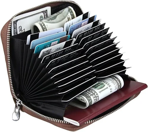 Vista 26 de boshiho Cartera con bloqueo RFID de 24 ranuras para tarjetas de crédito, de piel auténtica, organizador de múltiples tarjetas, con cremallera