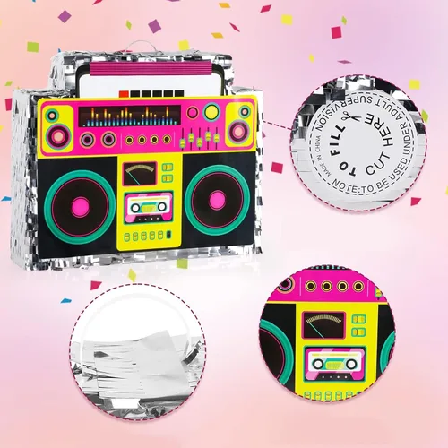 Vista 5 de Boombox Piñata con palo con los ojos vendados de los años 80, hip hop, juego de piñata mexicana para fiesta de regreso a los 80, regalos de radio
