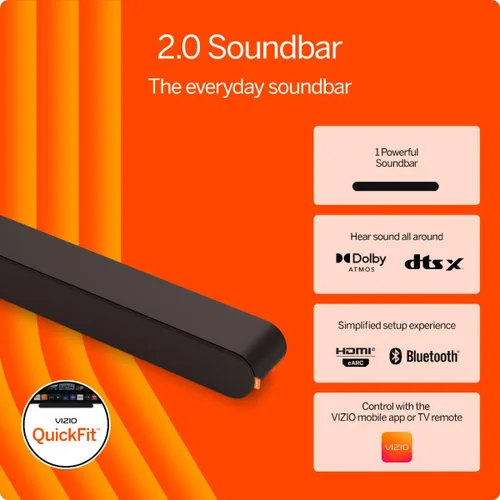 Vista 2 de VIZIO Barra de sonido 2.0 con Dolby Atmos y DTS:X, altavoz Bluetooth, compatible con QuickFit™ - SV200M-08 (nuevo, modelo 2024)
