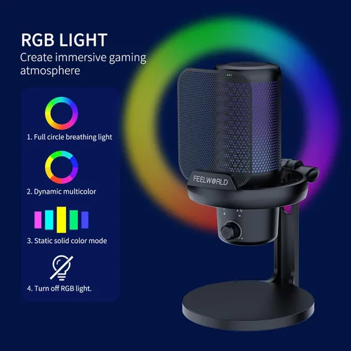 Vista 4 de FEELWORLD VM1 Micrófono USB para PC de juegos Micrófono condensador con cancelación de ruido, luz RGB silenciosa, accesorios para computadora