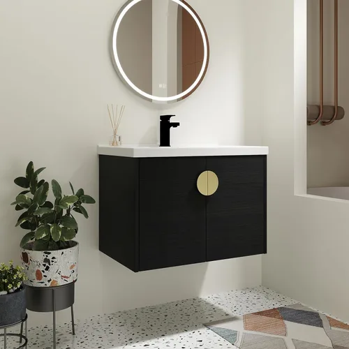 Vista 9 de Tocador de baño de 24 pulgadas con lavabo, juego de tocador flotante Mordern con mango de metal dorado y parte superior de fregadero de cerámica