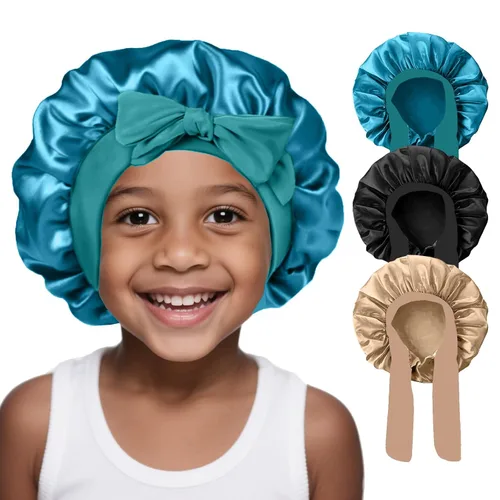 Vista 16 de 3 Piezas Gorros de Seda para Niños para Dormir - Gorro de Satén para Bebé para Dormir, Gorros de Cabello para Niños para Cabello Rizado Niñas Niños