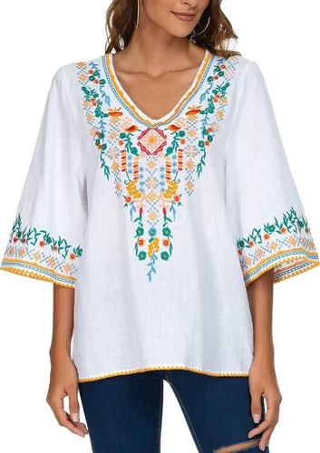 Vista 5 de YZXDORWJ Blusa campesina mexicana bordada con cuello en V para mujer