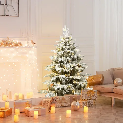 Vista 2 de GOFLAME Árbol de Navidad flocado de nieve de 4.5 pies, árbol de Navidad preiluminado con 120 luces LED y 757 puntas de polietileno y PVC, árbol
