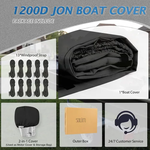 Vista 6 de Solim Funda para Barco Jon de 14 Pies con Cubierta para Motor, 1200D PU Impermeable Cubierta de Amarre de Servicio Pesado, Lona de Poliéster