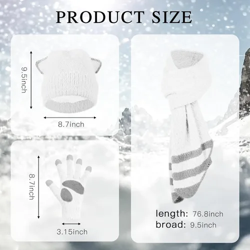 Vista 2 de Gorro de punto de invierno para mujer, guantes para pantalla táctil, bufandas, cálido y suave, con orejas de gato, gorras de calavera, bufandas