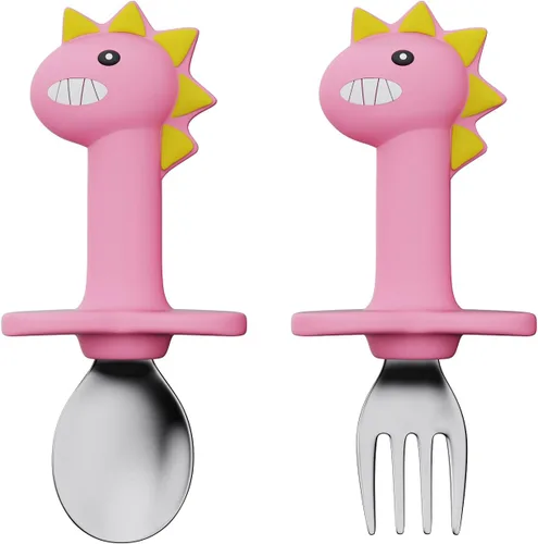 Vista 11 de Juego de tenedores y cucharas para bebé, utensilios de entrenamiento para bebés, cubiertos de silicona y acero inoxidable para niños y niños