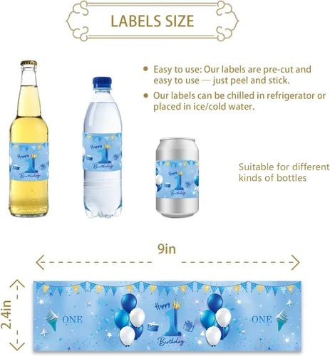 Vista 3 de 32 etiquetas azules para botellas de agua de primer cumpleaños, globos azules con purpurina para cumpleaños de un año, etiquetas para botellas