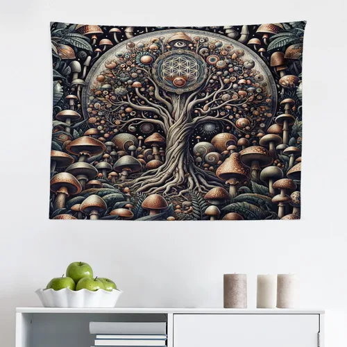 Vista 2 de Ambesonne Tapiz hippie, abrazo de hongos de ensueño y árbol de la vida místico y mandal verde, decoración de tela para colgar en la pared