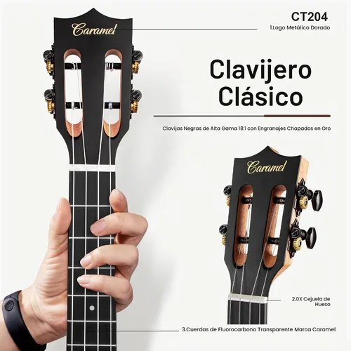 Vista 3 de Caramel Ukulele Eléctrico Tenor CT204 de Madera de Acacia Totalmente Maciza de 26 Pulgadas, Kit Profesional de Ukulele para Principiantes, Paquete