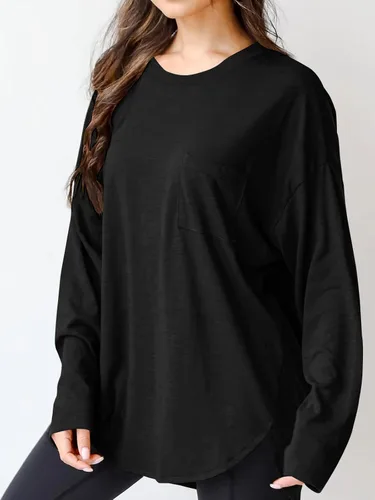 Vista 3 de Wihion Camisetas de manga larga de gran tamaño para mujer, de algodón, casual, cuello redondo, color liso, con bolsillo