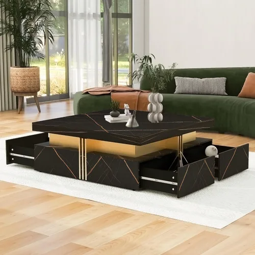 Vista 8 de Mesa de centro cuadrada grande moderna con 4 cajones, mesa de centro de mármol negro para sala de estar, mesa central cuadrada contemporánea