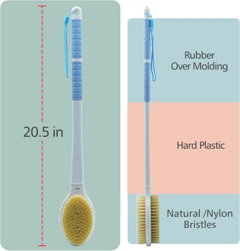 Vista 4 de Cepillo de ducha con cerdas suaves y rígidas, 20.5 pulgadas, mango largo extendido, cepillo de baño de doble cara, exfoliante corporal