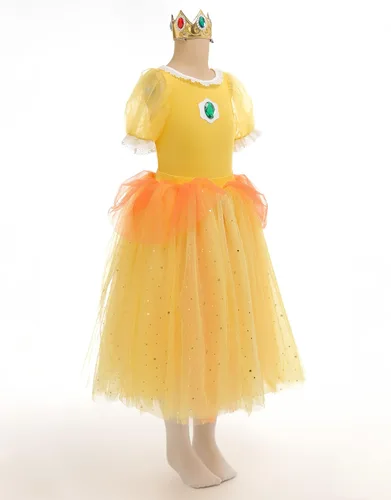 Vista 3 de miccostumes Disfraz de princesa para niñas, vestido de tul de encaje de microfibra transpirable Delux con corona de joyería dimensional