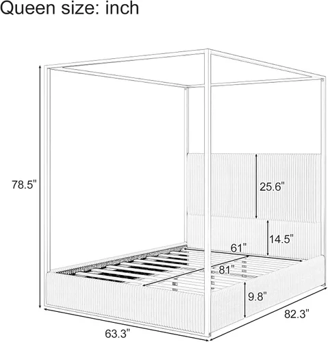 Vista 2 de VilroCaz Cama moderna de plataforma con dosel de tamaño Queen con cabecera capitoné de canal de tapicería, base de cama de metal con 4 carteles