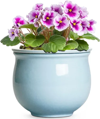 Vista 15 de Macetas de riego automático de 6 pulgadas para plantas de interior, macetas de cerámica violeta africana con maceta interior absorbente, maceta